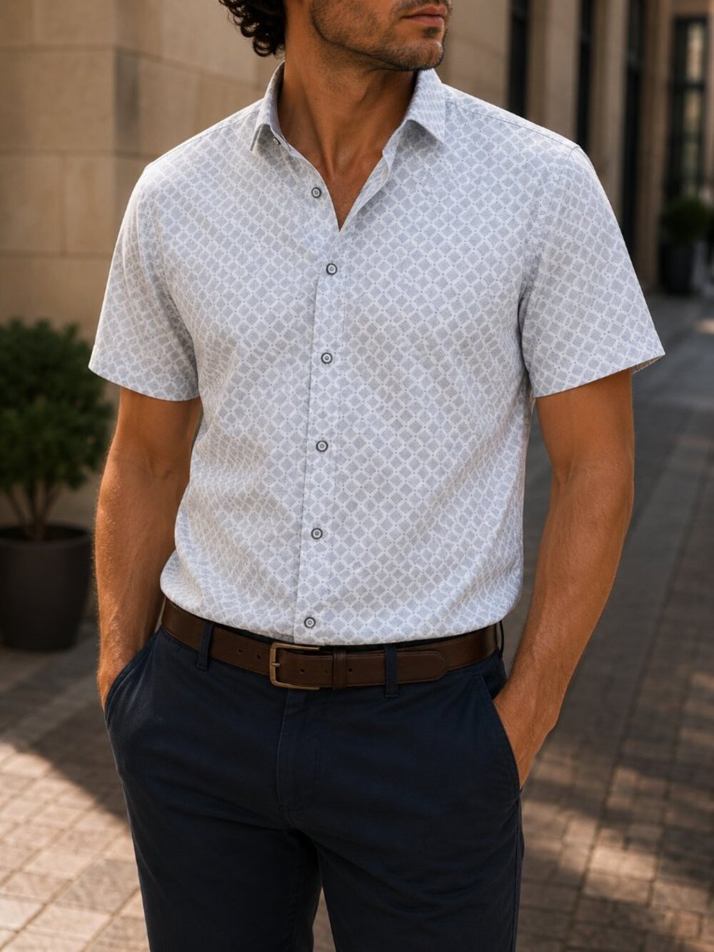 White and Gray Men's Casual Cotton Shirt
